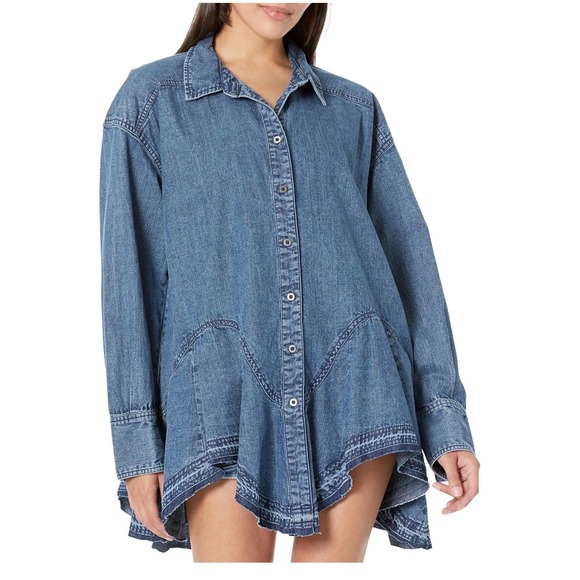 Free People Tops - Free People We The Free Blue Denim High Low Swing Shirt Jacket Medium Wash